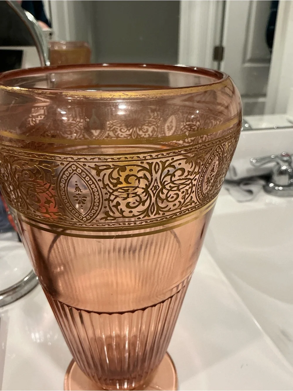 Tiffin Pink Depression Glass Footed Vase, Gold-Encrusted Etch, 9